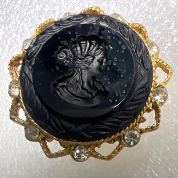 Vintage Robert Rose Cameo Clip-On Earrings Black Goldtone Filigree Rhinestone SE - Picture 3 of 11